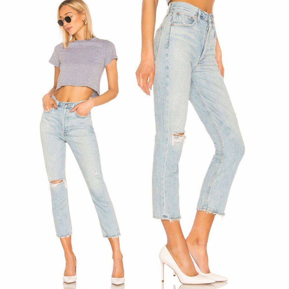 Agolde Riley High Rise Light Blue Jeans Womens Size 24 Shatter Denim USA Cotton